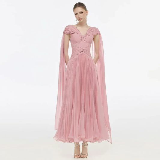 Dusty Pink Twisted V-Neck Cape Sleeve Pleated Flowy Long Formal Evening Dress