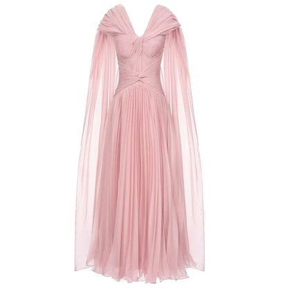 Dusty Pink Twisted V-Neck Cape Sleeve Pleated Flowy Long Formal Evening Dress