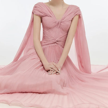 Dusty Pink Twisted V-Neck Cape Sleeve Pleated Flowy Long Formal Evening Dress
