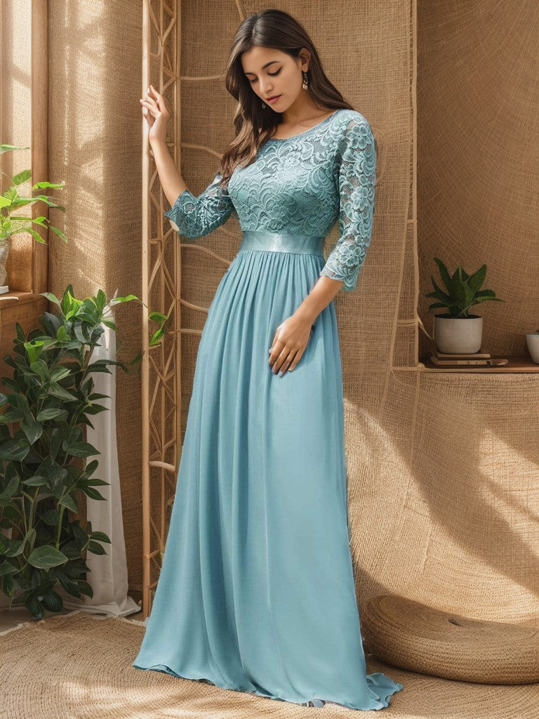 See-Through Floor Length Lace Chiffon Evening Dress with Half Sleeve