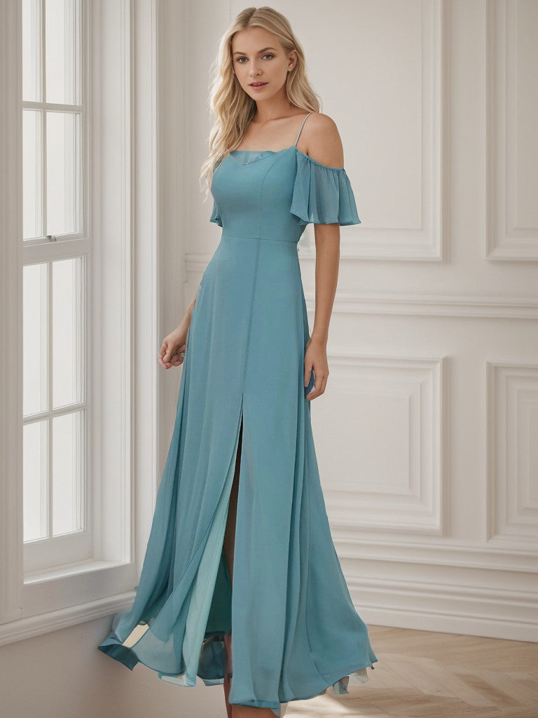 Chiffon Off-The-Shoulder Side Slit Bridesmaid Dress with sleeves