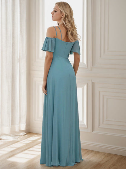 Chiffon Off-The-Shoulder Side Slit Bridesmaid Dress with sleeves