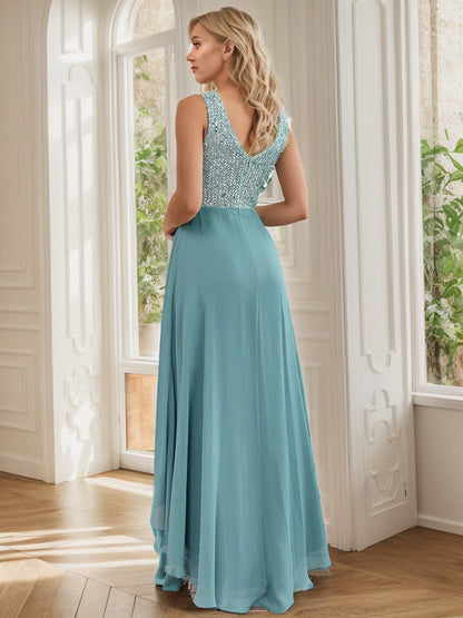 Sexy High-Low Maxi Chiffon Evening Dresses with Sequin