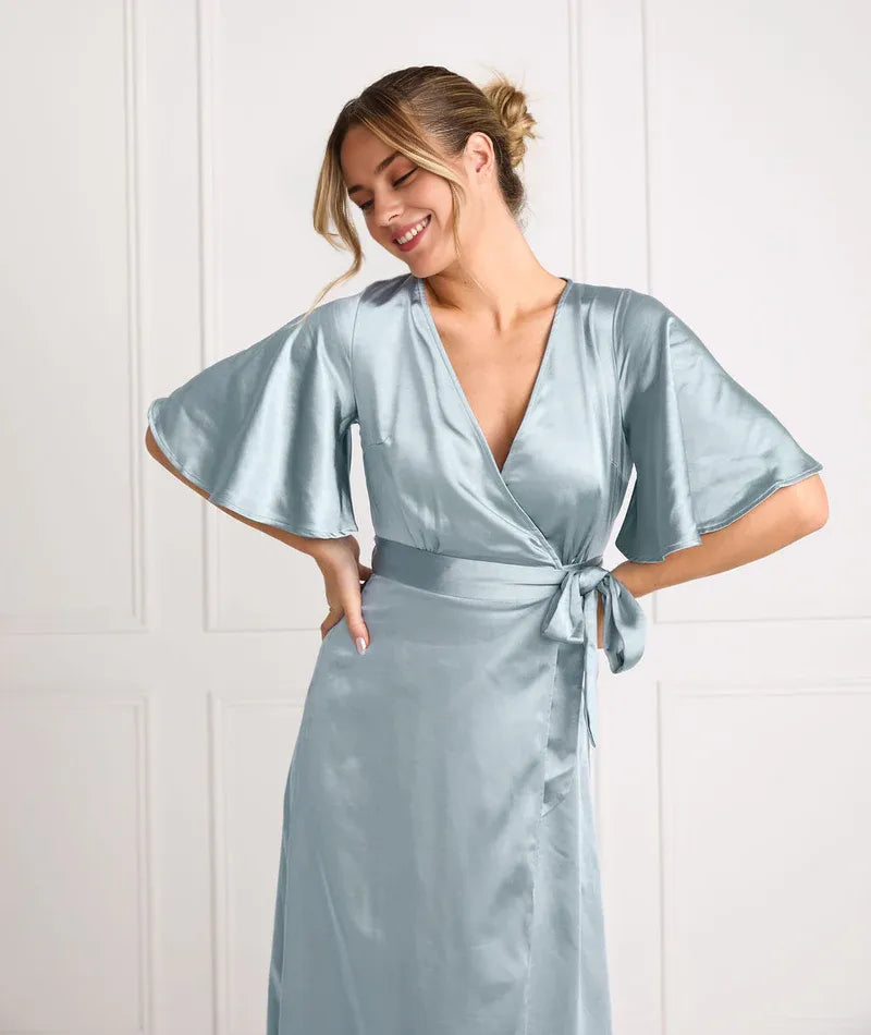 Dress Fashion Wrap Tie Satin Bridesmaid Dress Maxi Dress Solid Color Champagne Flutter Sleeve Column Prom Dress