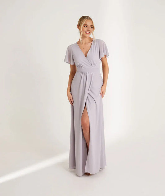 Dress Fashion V Neck Wrap Tie Chiffon Bridesmaid Dress Maxi Dress Solid Color Blue Flutter Sleeve A-Line Prom Dress
