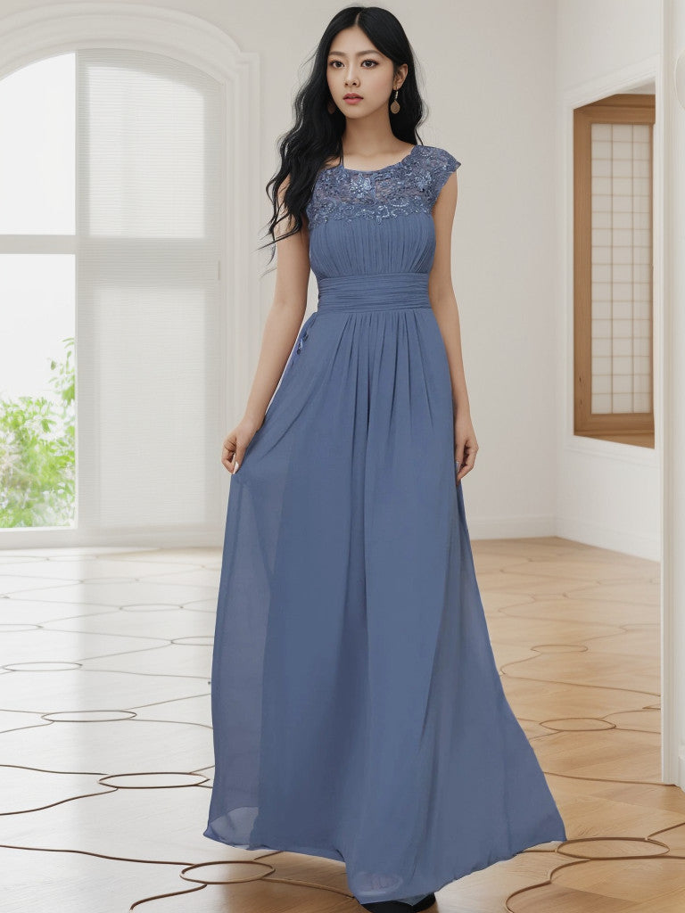 Maxi Lace Cap Sleeve Long Formal Evening Dress