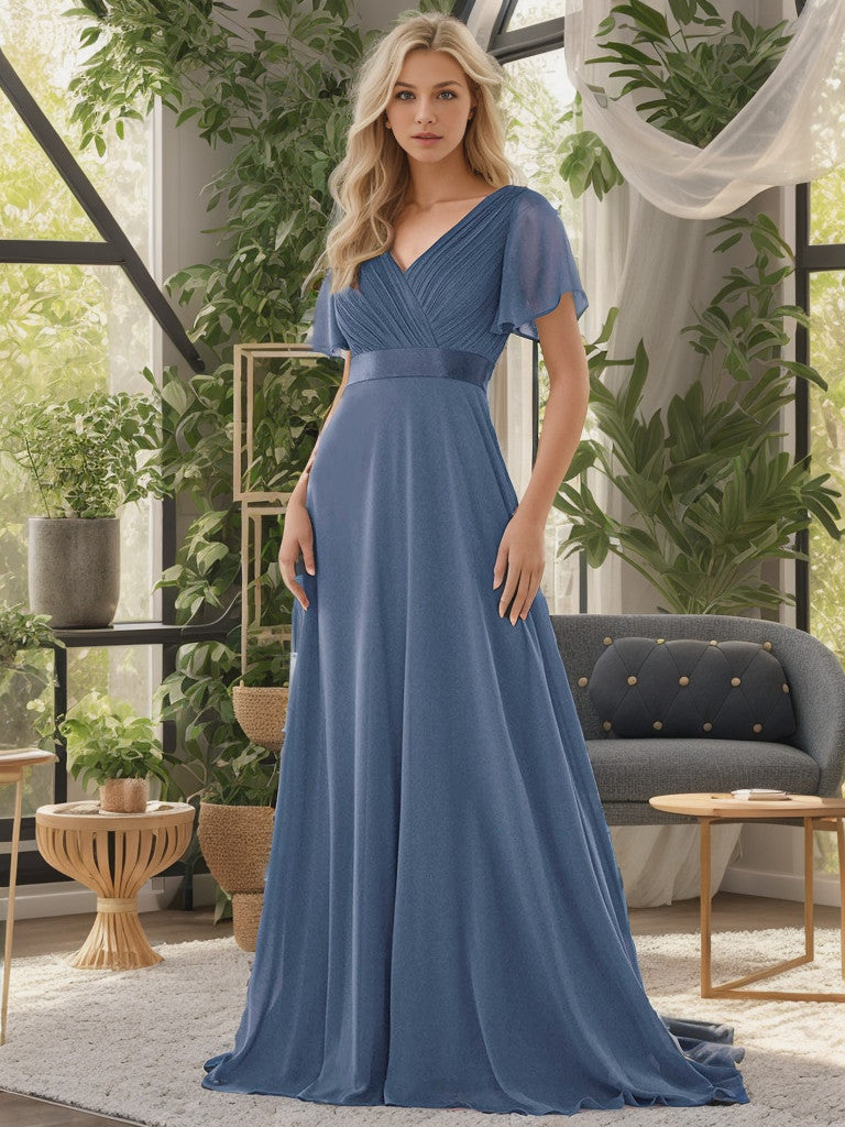 Long Chiffon Empire Waist Bridesmaid Dress with Short Flutter Sleeves