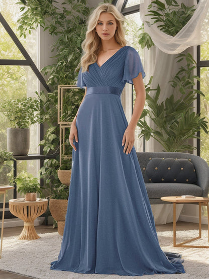 Long Chiffon Empire Waist Bridesmaid Dress with Short Flutter Sleeves