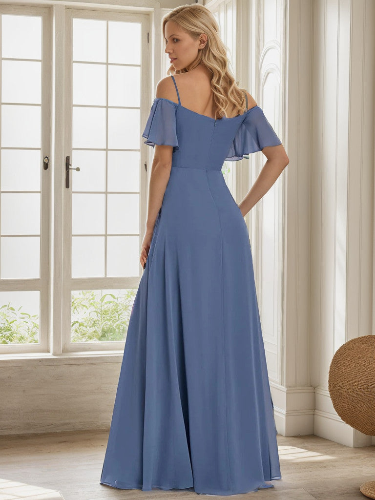 Chiffon Off-The-Shoulder Side Slit Bridesmaid Dress with sleeves