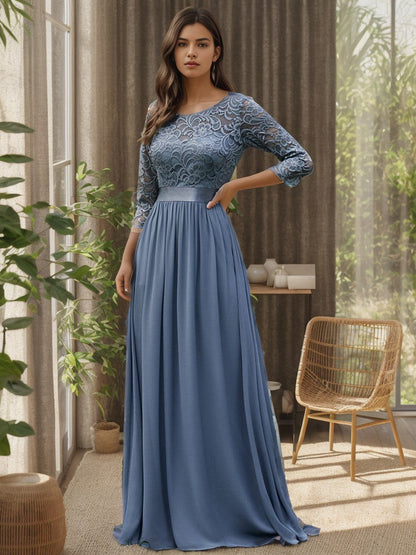 See-Through Floor Length Lace Chiffon Evening Dress with Half Sleeve