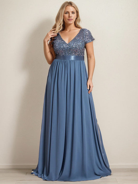 Plus Size Empire Waist V-Neck Cap Sleeve Chiffon Formal Evening Dress