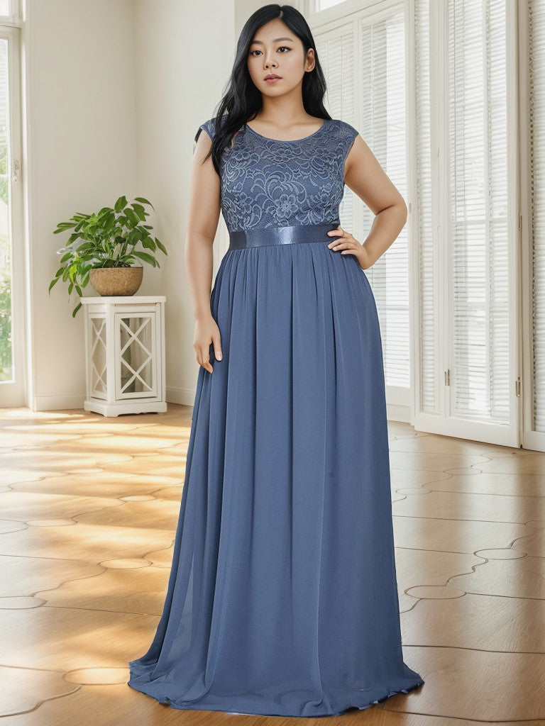 Plus Size Classic Round Neck V Back A-Line Chiffon Bridesmaid Dresses with Lace