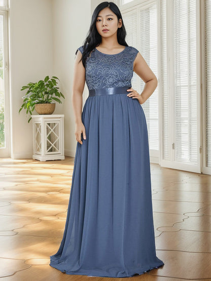 Plus Size Classic Round Neck V Back A-Line Chiffon Bridesmaid Dresses with Lace
