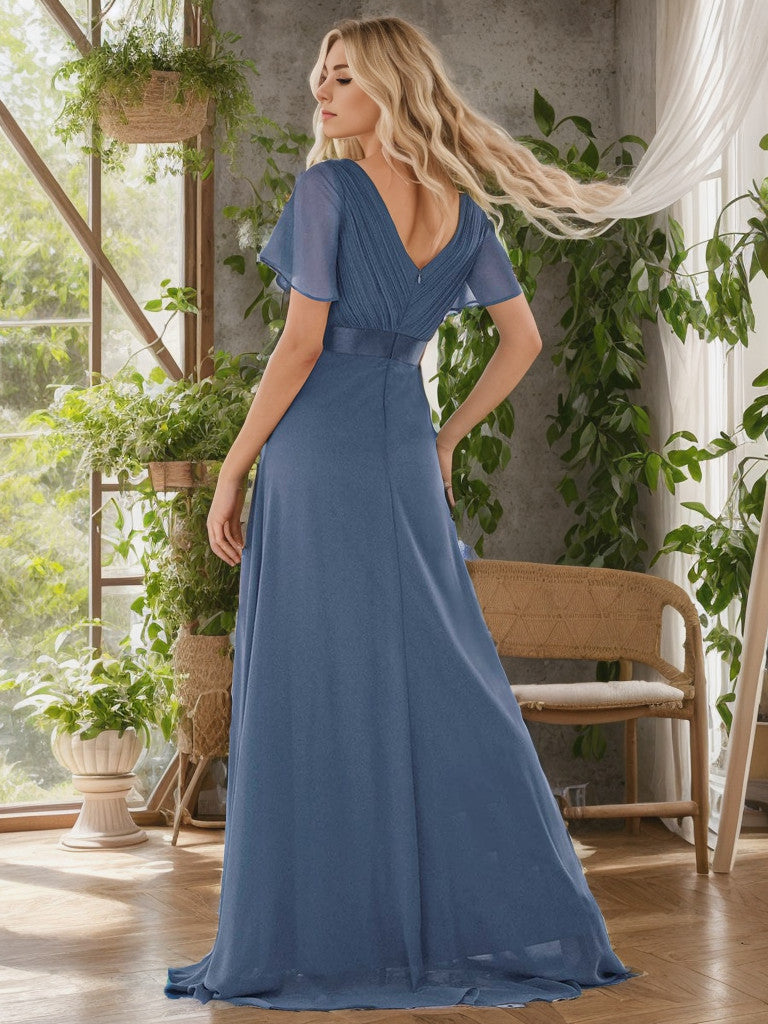 Long Chiffon Empire Waist Bridesmaid Dress with Short Flutter Sleeves