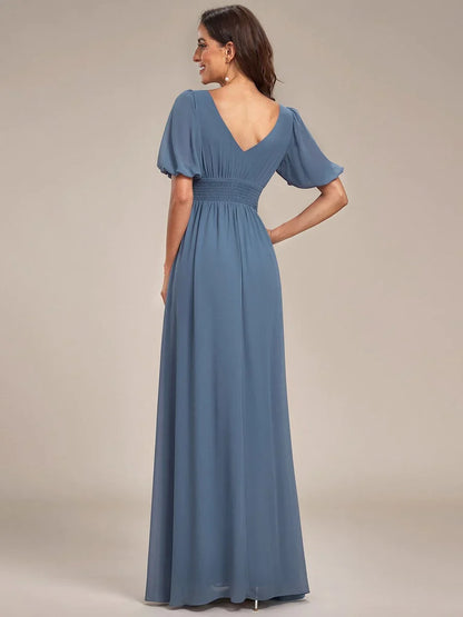Chiffon Illusion V-Neck Flutter Sleeve Front Slit Evening Dress