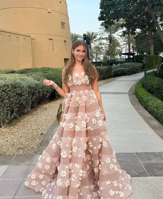 Dress Prom Dress Stores Dusty Pink Strapless Floral Appliques A-Line Evening Gown Formal Dresses