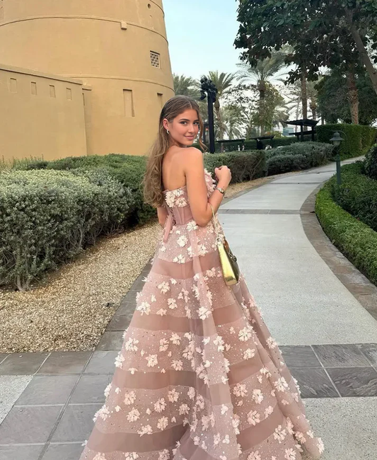 Dress Prom Dress Stores Dusty Pink Strapless Floral Appliques A-Line Evening Gown Formal Dresses