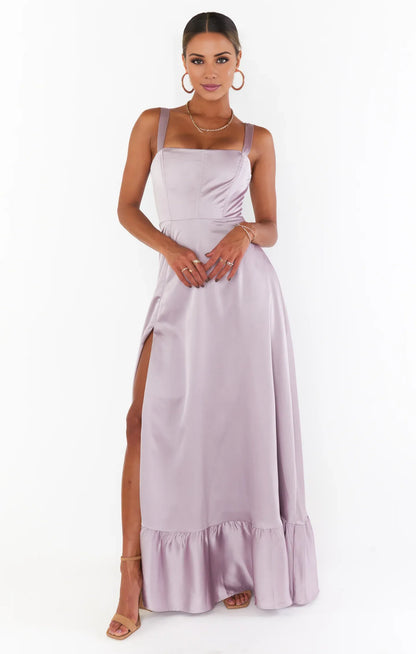 Dress Regular Straps Square Neck Sleeveless Maxi Dress Column Simple Crisscross Back Prom Dress With Slit