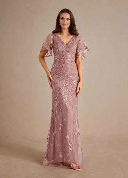 Dress Champagne Sheath Sequins Mother of the Groom Dresses Elegant V-Neck Flutter Sleeves Tulle Evening Dress