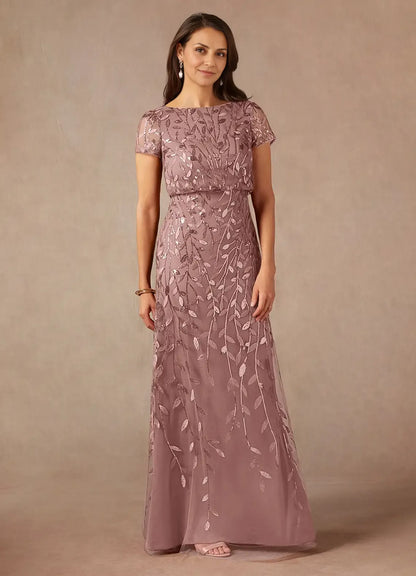 Dress Dark Navy A-Line Sequins Maxi Dress Elegant Boat Neck Short Sleeves Back Zip Mother of the Bride Dress