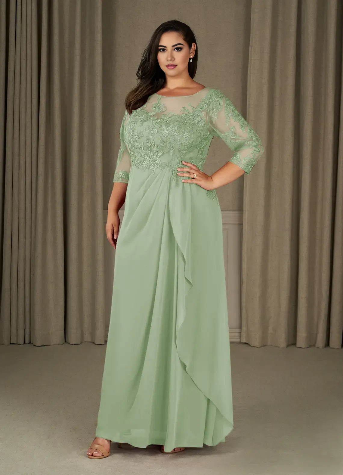 Dress Champagne A-Line Scoop Chiffon Mother Of The Bride Evening Dress Elegant Ruffle Three-Quarter Sleeve V Back Plus Size Mother Of The Bride Dress
