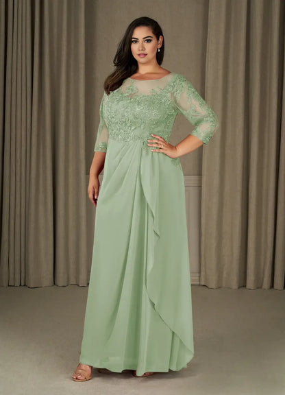 Dress Champagne A-Line Scoop Chiffon Mother Of The Bride Evening Dress Elegant Ruffle Three-Quarter Sleeve V Back Plus Size Mother Of The Bride Dress