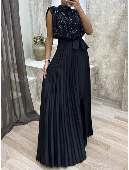 Elegant Sequin‑Bodice Satin A‑Line High‑Neck Cap‑Sleeve Open‑Back Bow‑Waist Pleated Floor‑Length Evening Dresses