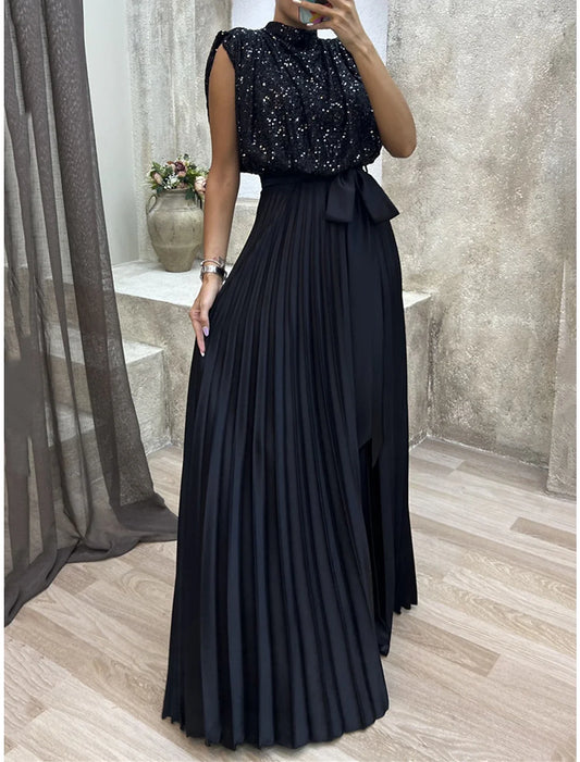 Elegant Sequin‑Bodice Satin A‑Line High‑Neck Cap‑Sleeve Open‑Back Bow‑Waist Pleated Floor‑Length Evening Dresses
