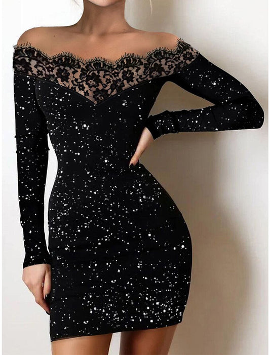 Women's Black Dress Party Dress Wedding Guest Dress Mini Dress Black Long Sleeve Dot Lace Spring Fall Winter Off Shoulder Fashion Winter Dress Wedding Guest Evening Party