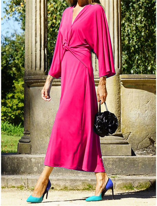 Women's Prom Dress Party Dress Wedding Guest Dress Long Dress Maxi Dress Fuchsia Green Light Blue 3/4 Length Sleeve Pure Color Knot Front Spring Fall Winter V Neck Fashion Winter Dress Wedding Guest