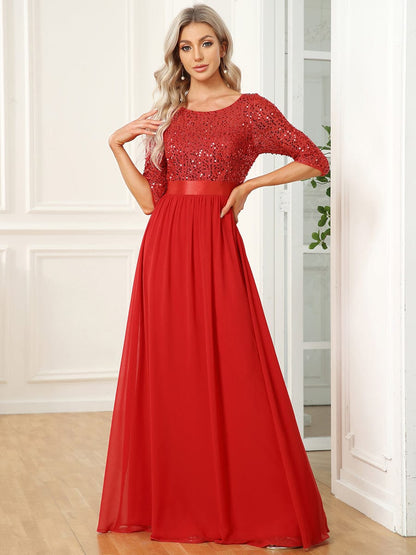 Sleeves Round Neck Evening Dress With Sequin Bodice