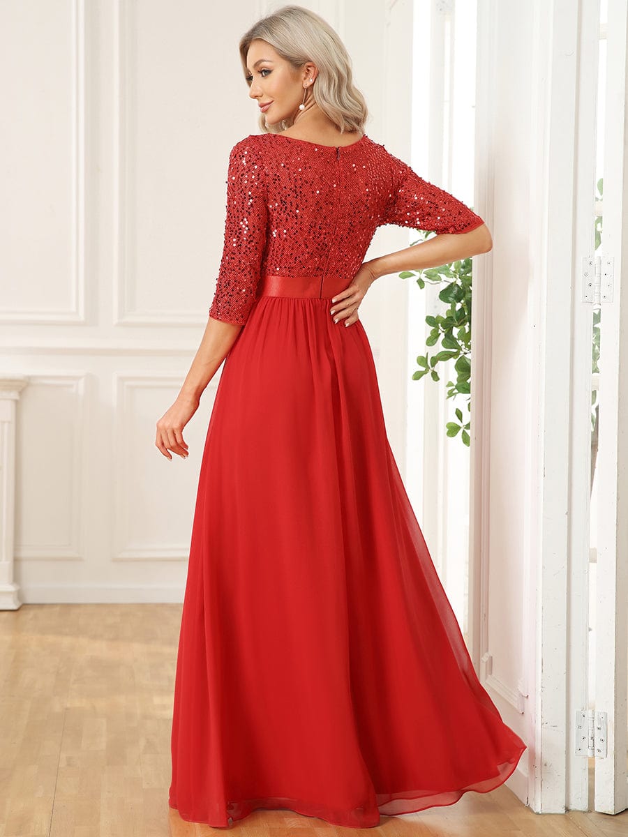 Sleeves Round Neck Evening Dress With Sequin Bodice
