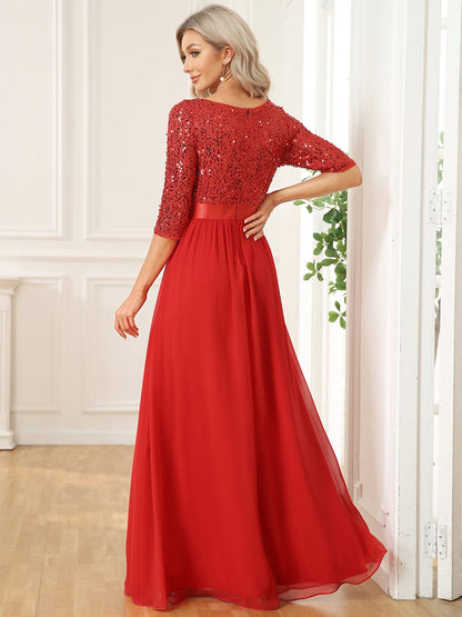 Sleeves Round Neck Evening Dress With Sequin Bodice