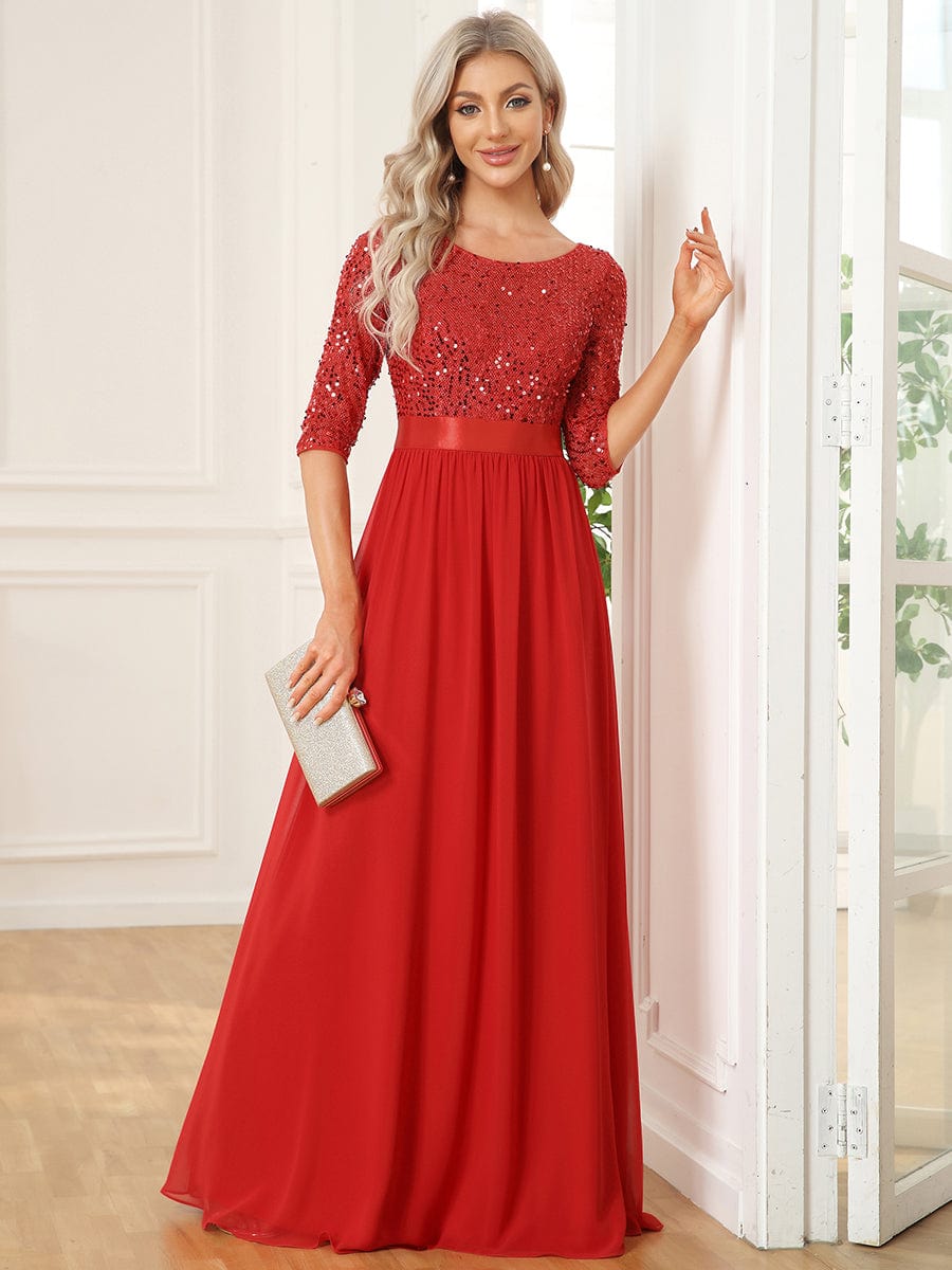 Sleeves Round Neck Evening Dress With Sequin Bodice