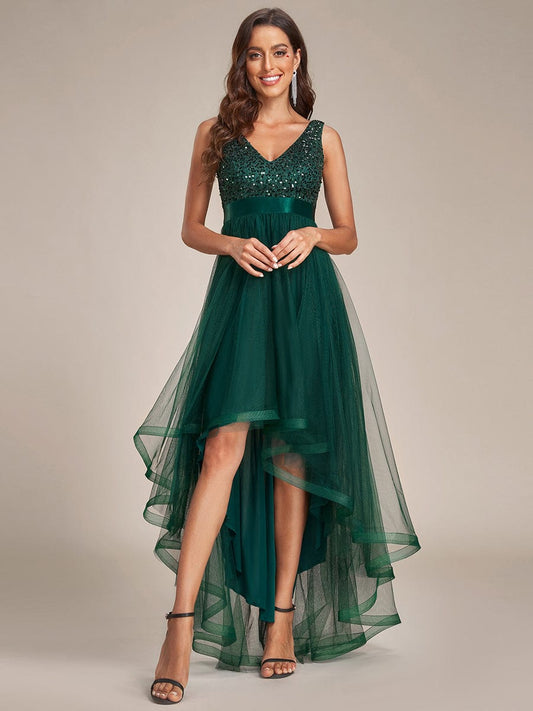 Sequin Bodice Tulle High-Low Bridesmaid Dresses with Ribbon Waist