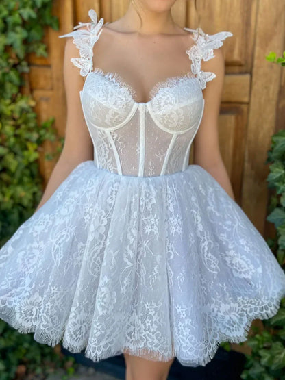 Mini/Short White Prom Dresses Lace Homecoming Dresses