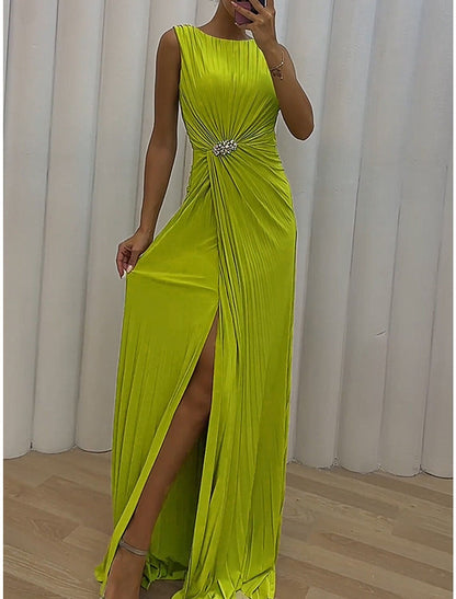 Women's Prom Dress Party Dress Wedding Guest Dress Long Dress Maxi Dress Green Sleeveless Pure Color Split Spring Fall Winter Crew Neck Party Evening Party Wedding Guest Vacation