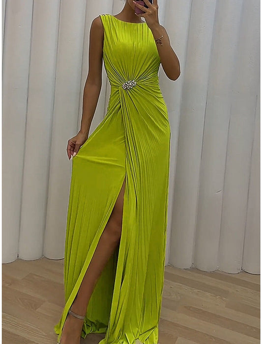 Women's Prom Dress Party Dress Wedding Guest Dress Long Dress Maxi Dress Green Sleeveless Pure Color Split Spring Fall Winter Crew Neck Party Evening Party Wedding Guest Vacation