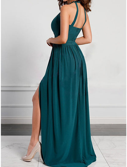 Women's Prom Dress Party Dress Wedding Guest Dress Long Dress Maxi Dress Pink Wine Green Sleeveless Plain Backless Summer Spring Fall Halter Neck Elegant Wedding Guest Evening Party Vacation
