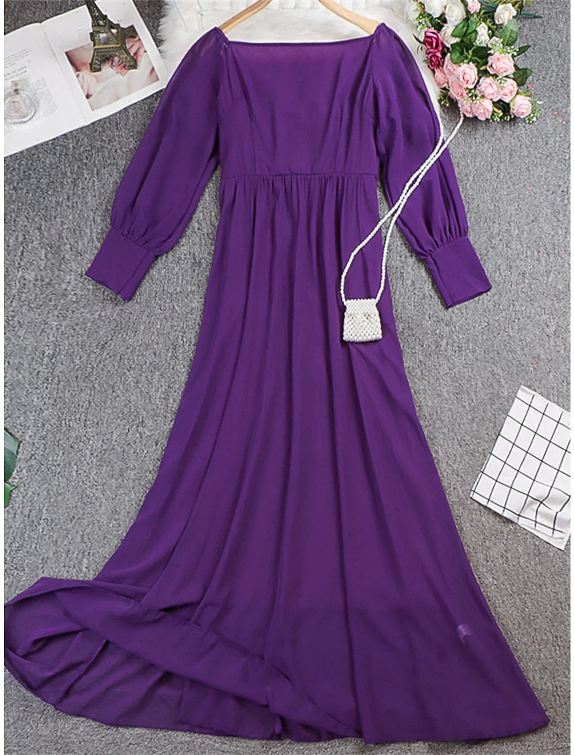 Women's Prom Dress Party Dress Wedding Guest Dress Long Dress Maxi Dress Black Wine Purple Long Sleeve Plain High Waist Summer Spring Fall Off Shoulder Elegant Wedding Guest Birthday Evening Party