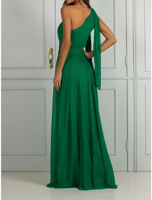 Women's Prom Dress Party Dress Cut Out Dress Long Dress Maxi Dress Green Long Sleeve Pure Color Backless Spring Fall Winter One Shoulder Fashion Birthday Evening Party Wedding Guest