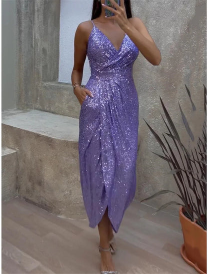 Women's Black Sequin Dress Prom Dress Party Dress Sparkly Dress Long Dress Maxi Dress Black Purple Sleeveless Sparkly Glitter Summer Spring Fall Spaghetti Strap Fashion Winter Dress Wedding