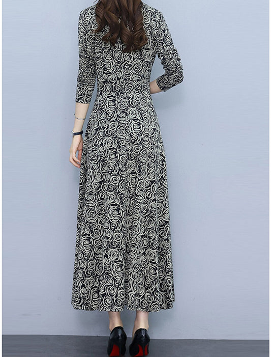 Women's Prom Dress Party Dress Wedding Guest Dress Long Dress Maxi Dress White Red Long Sleeve Floral Print Summer Spring Fall V Neck Elegant Wedding Guest Evening Party Vacation