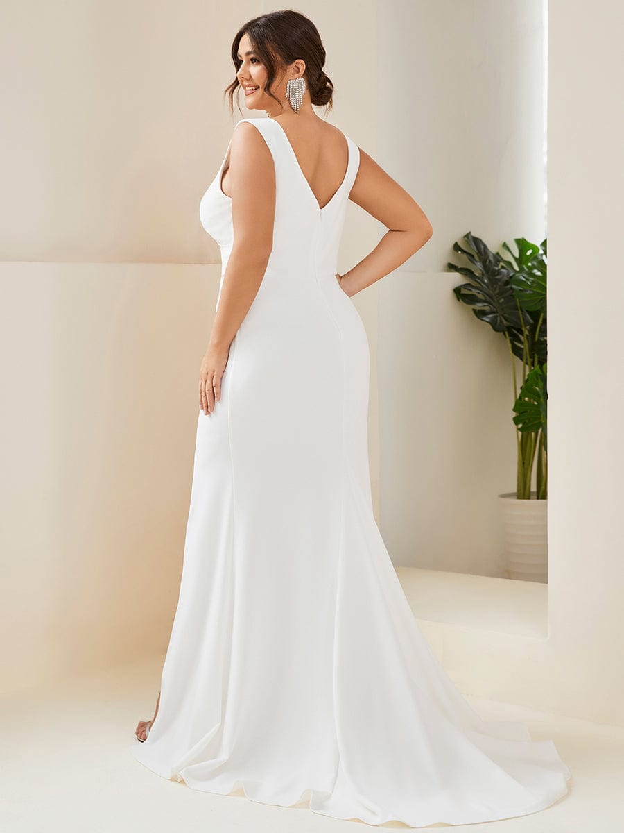 Plus Size Deep V-Neck Sleeveless High Slid Simple Wedding Dress/No Veils