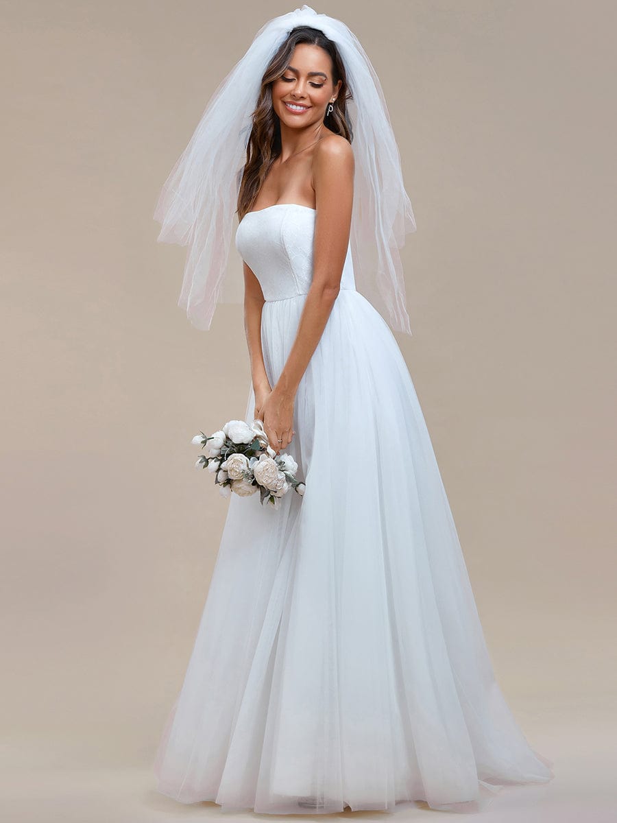 Romantic Back-laced Adjustable Strapless A-Line Tulle Wedding Dress/No Veils
