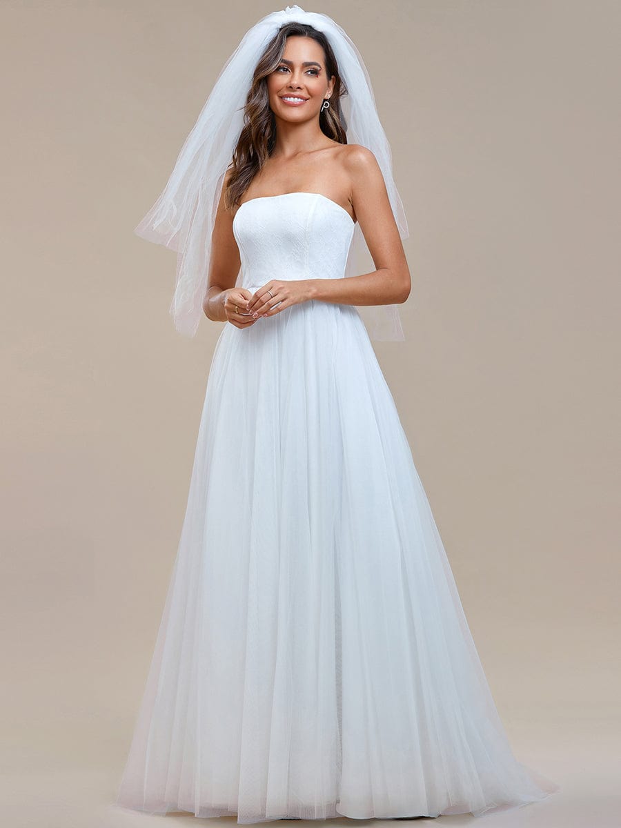Romantic Back-laced Adjustable Strapless A-Line Tulle Wedding Dress/No Veils