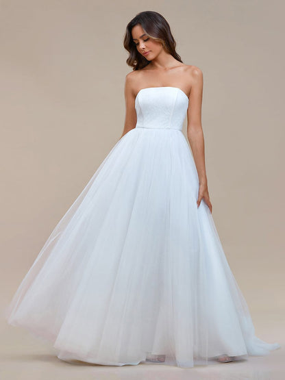 Romantic Back-laced Adjustable Strapless A-Line Tulle Wedding Dress/No Veils