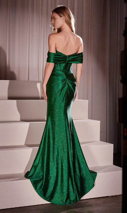 Dress Glitter Off the Shoulder Banded Sleeves Satin Prom Dress High Side Slit Mermaid/Trumpet Evening Dress