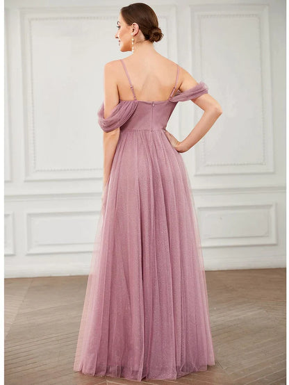 Mauve Glitter‑Tulle A‑Line Sweetheart Off‑The‑Shoulder Draped‑Sleeve Zipper Back Floor‑Length Bridesmaid Dresses
