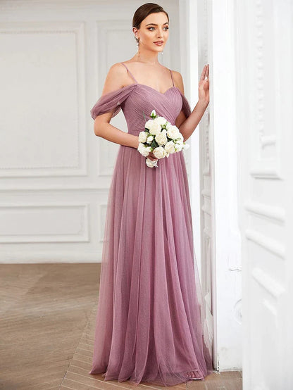 Mauve Glitter‑Tulle A‑Line Sweetheart Off‑The‑Shoulder Draped‑Sleeve Zipper Back Floor‑Length Bridesmaid Dresses